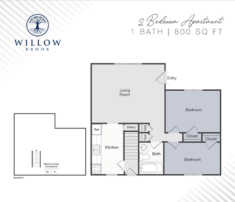 Floor plan for 2 beds, 1 bath, 800 sqft